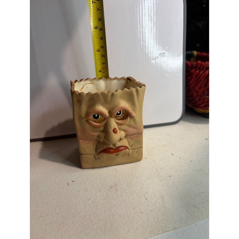 Vintage Ceramic Grumpy Face Paper Bag Planter Pencil Holder Kitsch Decor - Picture 2 of 6